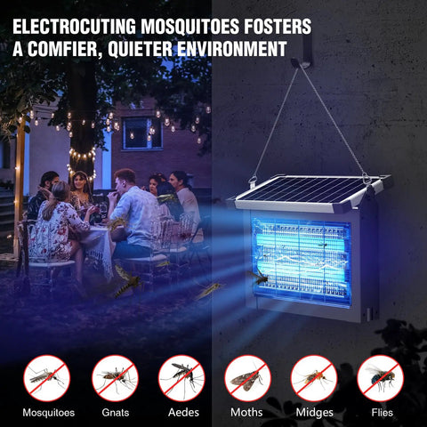 Powerful 4500V Mosquito Zapper With Panel Sensor hanging in backyard, waterproof solar bug killer in operation at night.