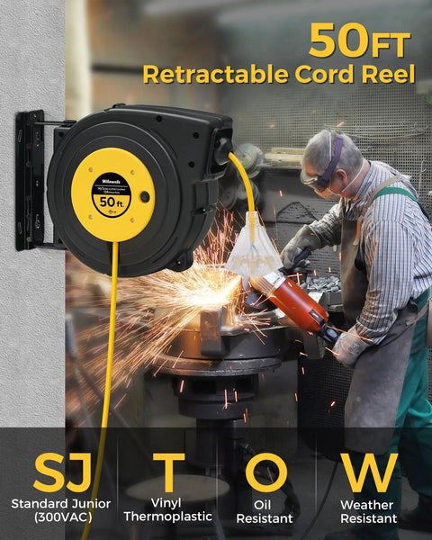 Heavy Duty Retractable Extension Cord Reel 50 Feet Long With Rugged 14 AWG Wiring And Three Bright Lighted Outlets in use at a jobsite.