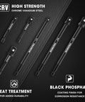 Six Piece Socket Adapter Extension Set With Quarter Inch Hex Shank For Quarter Inch, Three Eighths Inch, And Half Inch Drive Sockets displayed on black surface