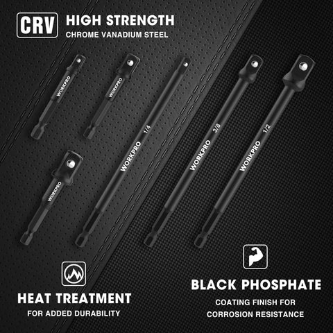 Six Piece Socket Adapter Extension Set With Quarter Inch Hex Shank For Quarter Inch, Three Eighths Inch, And Half Inch Drive Sockets displayed on black surface