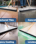Four images show a 36 Inch Neoprene Blade Garage Floor Squeegee With Tapered Pole Connection for tiles, concrete, epoxy coating, linoleum.