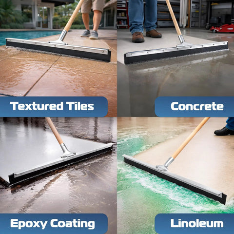 Four images show a 36 Inch Neoprene Blade Garage Floor Squeegee With Tapered Pole Connection for tiles, concrete, epoxy coating, linoleum.