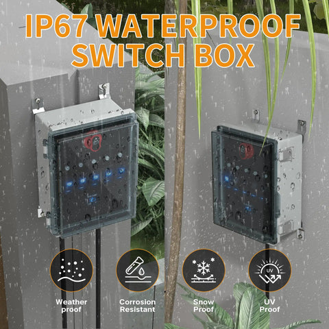 12V 5 Gang Rocker Switch Panel With LED Illumination All Weather Waterproof Box in outdoor rain setting