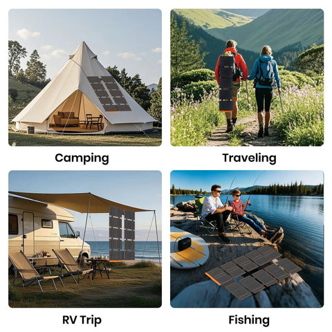 Ultra Portable 100W Solar Panel Foldable To Laptop Size used for camping, traveling, RV trips, and fishing scenes.
