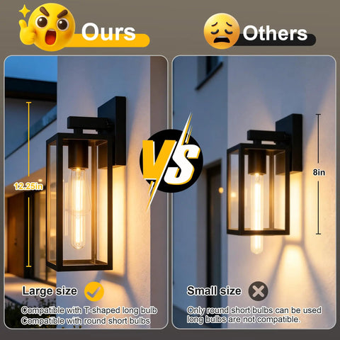 Slick Matte Black Outdoor Wall Sconce With Clear Glass And Rock Solid Frame For Front Door waterproof patio lantern comparison of sizes 12.25in vs 8in