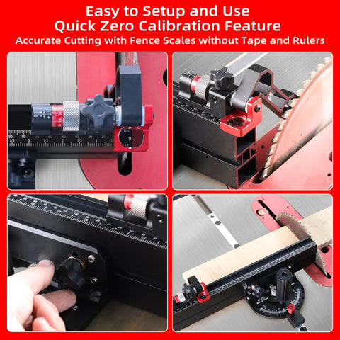 Heavy Table Saw Miter Gauge With Micro Adjust Flip Stop And Extensible Aluminum Fence From 18 To 32 Inches showing zero calibration feature.