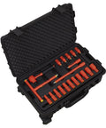Open case showing 1000V Insulated Tool Kit 3/8 Inch Drive, 50-Piece Electrical Hand Tool Set Built For Live Wiring, orange handles visible