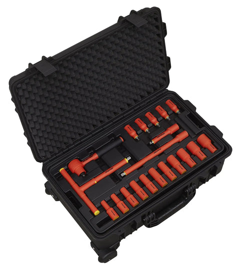 Open case showing 1000V Insulated Tool Kit 3/8 Inch Drive, 50-Piece Electrical Hand Tool Set Built For Live Wiring, orange handles visible