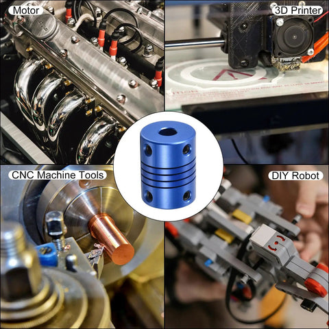 Two Pack 8 To 10 mm Aluminum Alloy Shaft Couplings Flexible With Screws Blue for CNC Machines and 3D Printers; central product image.