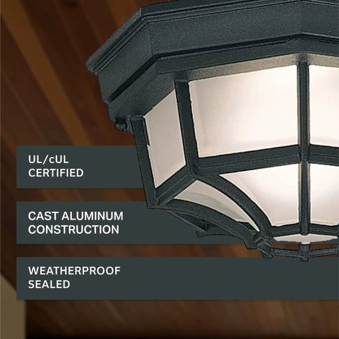 Close-up of Builder Cast Outdoor Flush Mount Ceiling Light Black 10.5 Inch Wide With Frosted Glass showing cast aluminum design