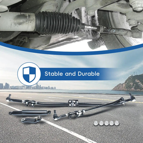 Beefed Up Steering Linkage Upgrade Kit For Ram 1500 2500 3500 4x4 2003-2013 Featuring Drag Link, Tie Rod, Pitman Arm And Damper Replacement For Tough, Road Ready Handling On Rough Surfaces. black steel steering linkage kit with drag link, tie rod, pitman arm, and damper