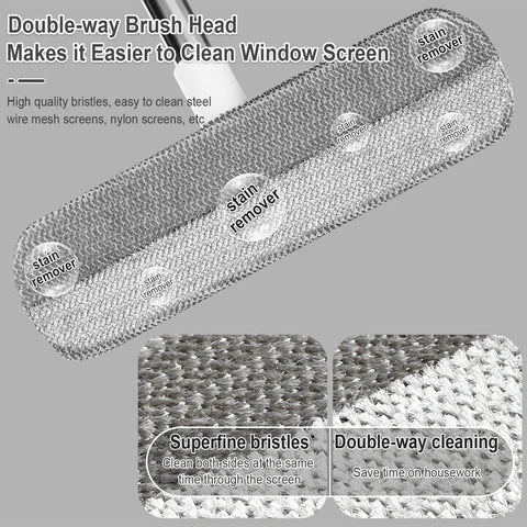 Double-way brush head of Long-Handle Window Screen Cleaning Brush For Home Windows And Screen Doors, showing stain remover bristles