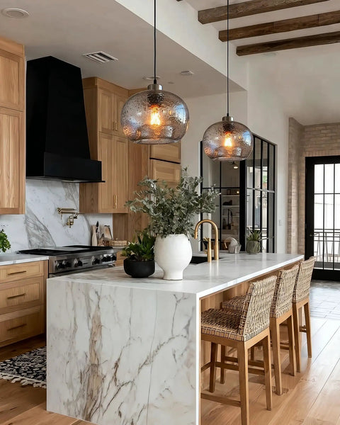 Cool Blue Bubble Glass Pendant Light For Kitchen Island And Dining Room Hand Blown Glass Globes Modern Brushed Nickel Finish 9 Inch Diameter Over Sink Bar Table Lighting in a modern kitchen setting.