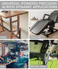 Justech 12V linear actuator shown across 4 uses: smart desk, electric bed, car trunk, mini solar tracker.