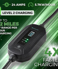 Level 2 EV Charger, Adjustable 10A-16A-24A, 30 Foot Cord, shown with 4x Faster Charging feature and 22 miles range per hour.