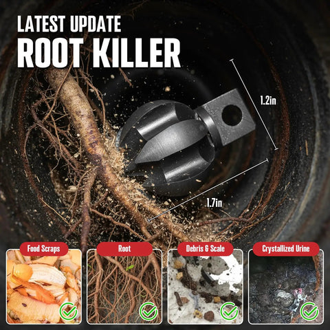 Root Killer tool in drain showing roots and debris, 1.2in x 1.7in size, part of 100 Foot Auto Feed Electric Drain Snake Auger For 2 To 4 Inch Pipes Beast Mode Sewer Clog Crusher Machine With Hex Root Killer Tool