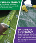 Person spraying and scrubbing a tent with Targeted Duo Pack 500ml SolarWash And SolarProof Cleaning And Waterproofing Spray.