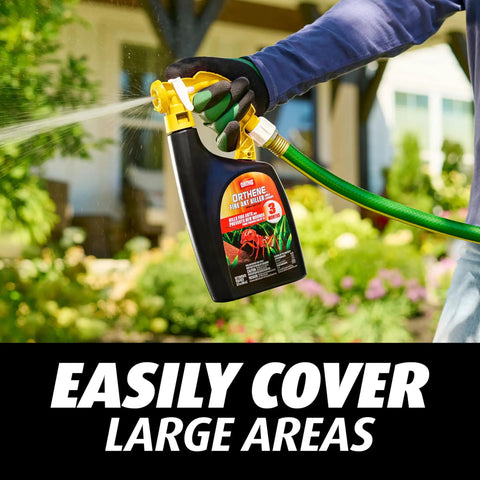 Person using Ready To Spray Hose End Lawn And Landscape Fire Ant Killer Kills Fire Ants Fleas And American Dog Ticks 32 oz