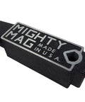 Mighty Mag magnetic base for calipers and indicators, black metal with red knobs, side view.