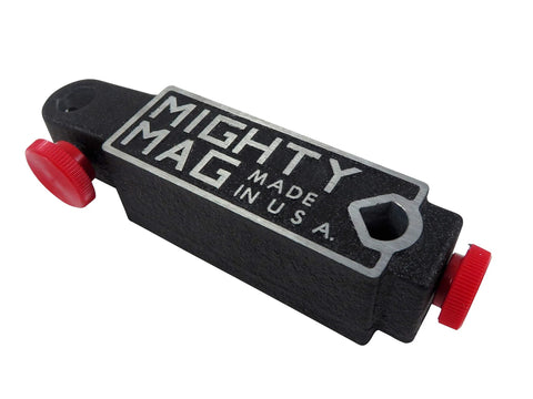 Mighty Mag magnetic base for calipers and indicators, black metal with red knobs, side view.