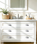 Bathroom vanity with Twenty Pack 3 Inch Drawer Pulls In Brushed Nickel, Solid Zinc Alloy Cup Handles, smooth finish, durable hardware.