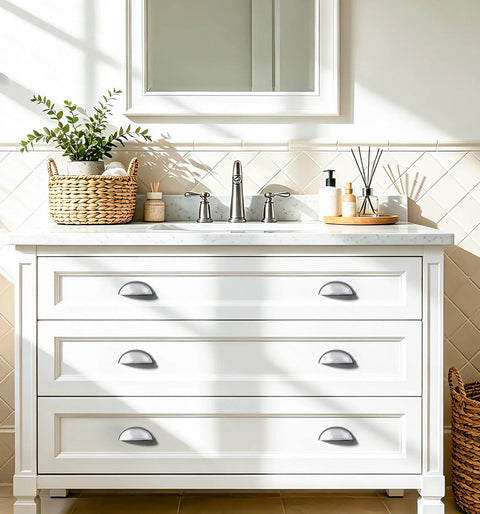 Bathroom vanity with Twenty Pack 3 Inch Drawer Pulls In Brushed Nickel, Solid Zinc Alloy Cup Handles, smooth finish, durable hardware.
