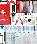 Boat Emergency Kit 110 Piece Waterproof First Aid Set Two in One Marine Safety Gear displayed with open contents on white background.