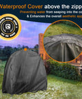 40 Inch Firewood Log Hoop Cover Built Tough As Nails Heavy Duty 600D Waterproof Round Log Rack shown outdoors in rain