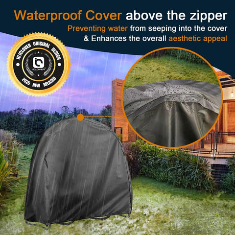 40 Inch Firewood Log Hoop Cover Built Tough As Nails Heavy Duty 600D Waterproof Round Log Rack shown outdoors in rain
