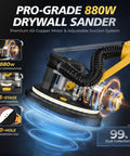Pro Grade 880W Drywall Sander With Adjustable 5 Speed Settings And 1000 To 2100 Rpm Pure Copper Motor featuring a detailed view of motor and dust collection system.