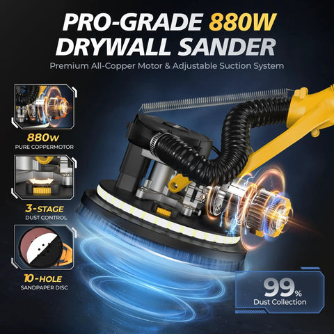 Pro Grade 880W Drywall Sander With Adjustable 5 Speed Settings And 1000 To 2100 Rpm Pure Copper Motor featuring a detailed view of motor and dust collection system.