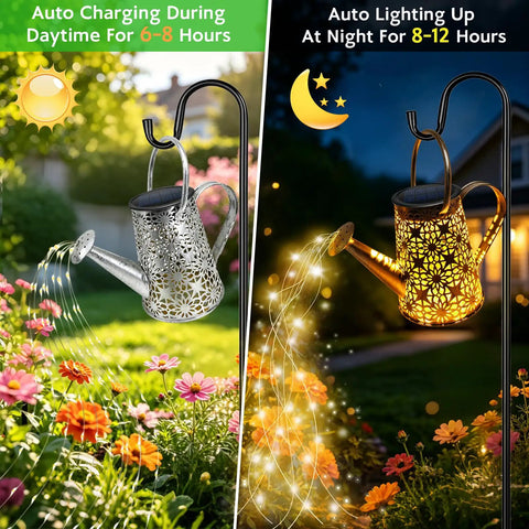 Solar Watering Can Lights on shepherd hook with warm white glow, retro metal design for garden, yard art, day and night use.