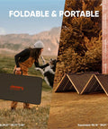 SolarSaga 500X 500W Solar Panels With 25 Percent Bifacial Efficiency IP68 Outdoor Ready For Camping RVs And Off Grid Living Perfect Match For High Capacity Power Stations, showing foldable design and outdoor setup.