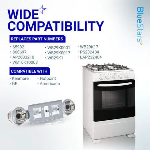 Infographic showing compatibility of Double Burner Assembly Replacement Pack Of 2 For GE Kenmore Hotpoint Ranges with part numbers
