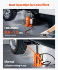 Orange VEVOR air-hydraulic bottle jack with manual handle and air pump; front and side views for auto repair.
