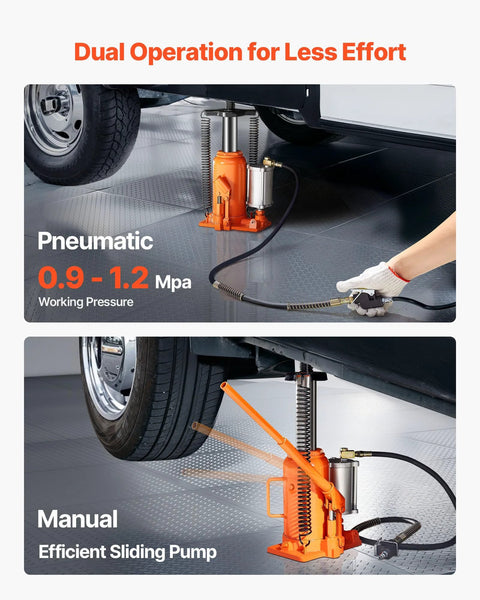 Orange VEVOR air-hydraulic bottle jack with manual handle and air pump; front and side views for auto repair.