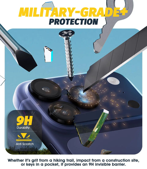 Metal tools demonstrating the durability of EZ Install Case Friendly 9H Tempered Glass Camera Lens Protector For iPhone 17 Pro Max