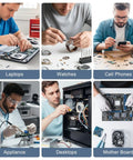 Collage showing various electronic repairs including laptops, watches, cell phones, appliances, desktops, and motherboards.