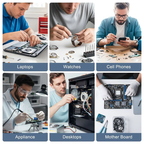 Collage showing various electronic repairs including laptops, watches, cell phones, appliances, desktops, and motherboards.