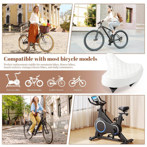 Wide Oversized Bike Seat For Men And Women With Plush Cushion And Shock Absorption Ideal Replacement Saddle For Cruiser Bikes MTB City Bikes E Bikes Tricycles And Exercise Cycles For Long Rides, white quilted saddle