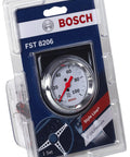Bosch mechanical oil pressure gauge with white dial and chrome bezel in packaging.