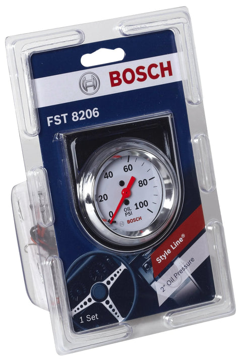 Bosch mechanical oil pressure gauge with white dial and chrome bezel in packaging.