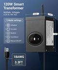 Smart Low Voltage Landscape Transformer 120W 120V AC To 12V For Outdoor LED Lighting Waterproof With 1 Zone Control Works With Alexa And Google Home ETL Listed, features dimensions and modes, black with cord