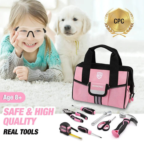 9 Piece Kids Real Hand Tool Set Pink Junior Tool Kit With Storage Bag For Boys And Girls Age 8 Plus DIY Building And Woodworking Safe CPC Certified Tools For Young Builders, bag and tools displayed.