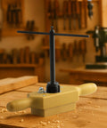 Pro Grade Tap And Die Set 1-1/4 Inch Wood Thread Kit with Two-Handed Thread Box on a wooden workbench.
