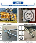 Sales window, power connector, towing system, and truck jack of 13Ft Stainless Steel Food Trailer Fully Equipped Turnkey Mobile Kitchen Built For Hustlers Straight From The Factory Boss Level Gear Zero Middleman Markup Grind Ready To Roll.