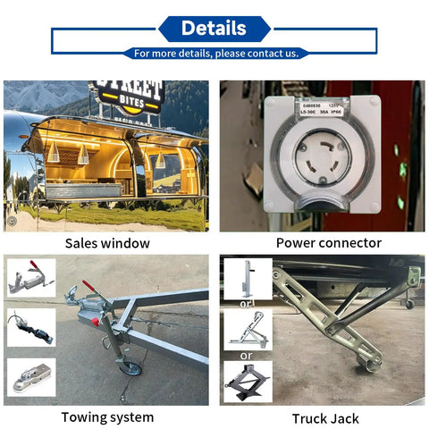 Sales window, power connector, towing system, and truck jack of 13Ft Stainless Steel Food Trailer Fully Equipped Turnkey Mobile Kitchen Built For Hustlers Straight From The Factory Boss Level Gear Zero Middleman Markup Grind Ready To Roll.