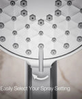 Close-up of Awaken G90 Three Function Handshower 1.5 GPM Polished Chrome nozzle with spray setting selector for alternate experiences