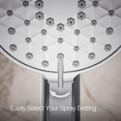 Close-up of Awaken G90 Three Function Handshower 1.5 GPM Polished Chrome nozzle with spray setting selector for alternate experiences