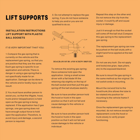 Installation instructions for Top Shelf Two Piece Front Hood Lift Supports for 2010 to 2016 Sports Utility Vehicles including diagrams.